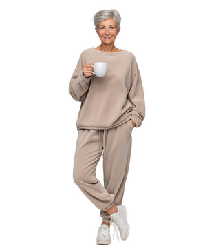 Full body view of older Caucasian woman, casually dressed in lounge wear and drinking cup of coffee, isolated on white or transparent background