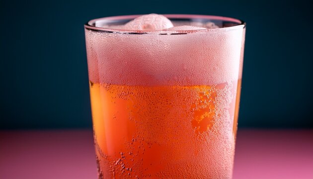 a glass of pinkish orange beverage with frothy bubbles on top - Powered by Adobe