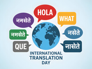 international translation day graphic featuring globe surrounded by speech bubbles with "hello" in multiple languages
