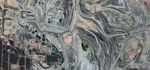 Kansanshi Copper-Gold Mine, Zambia: High-Resolution Aerial View of Open-Pit Operation and African...