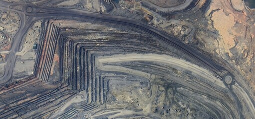 Kansanshi Copper-Gold Mine, Zambia: High-Resolution Aerial View of Open-Pit Operation and African...