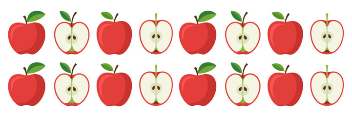 Apple border pattern, repeating whole and half fruits, cute seed centers, seamless decorative strip, classroom poster vector