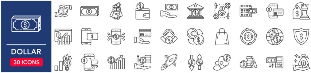 Dollar set of web icons in line style. vector illustration concept relate to bank, signs, business, payment, symbol, finance, currency