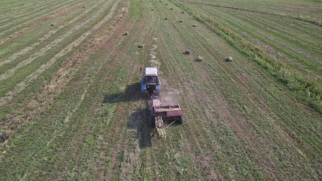 Tractor uses trailed bale machine to collect straw in field. Haymaking. Tractor collecting hay and making hay bales. Haystack making machine. Tractor Working on Farm at Sunset Time.