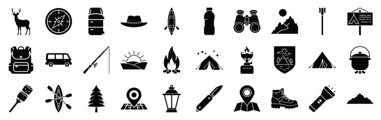 Camping and Outdoor Adventure Silhouette Vector Icons Set — Minimal Flat Glyph Collection Featuring Travel, Hiking, Nature, Exploration, and Wilderness Symbols for Outdoor Lifestyle, Tourism