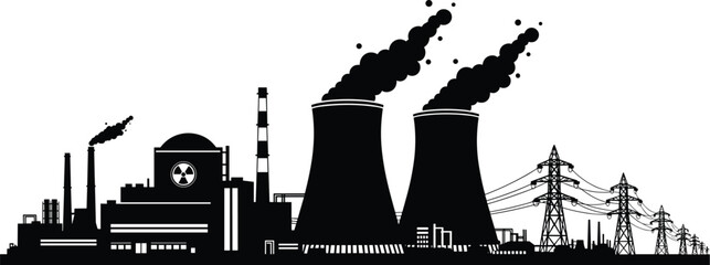 Obraz premium Silhouette Illustration of a Nuclear Power Plant with Cooling Towers, Reactor Building, Transmission Lines, and Industrial Infrastructure for Energy Education