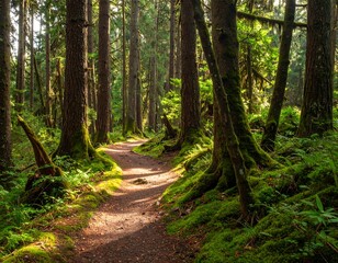 Obraz premium A serene pathway winding through a lush, sun-dappled forest in nature
