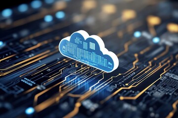 Cloud computing concept with digital circuit board background showing data transfer
