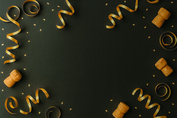 Dark festive background features gold streamers, champagne corks, and confetti.