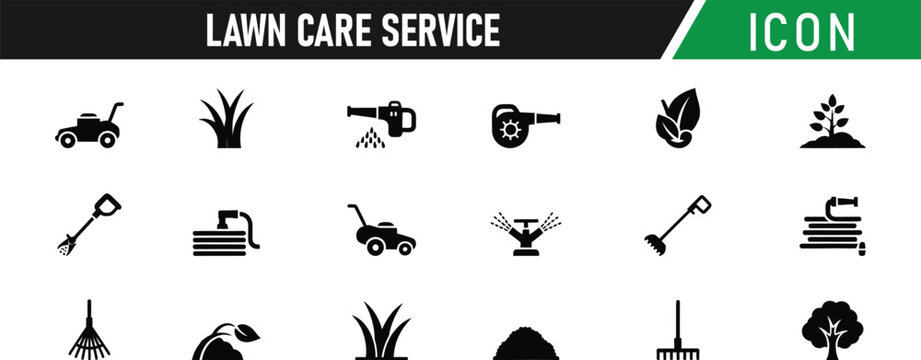 Lawn care service icon set. Including Lawn Mower, Grass, Leaf Blower, Sprinkler, Hedge Trimmer, Garden Hose, Wheelbarrow, Shovel, Rake, Tree. Vector silhouette illustration