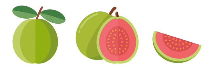 Guava with leaves, whole fruit and juicy wedge, tropical agriculture graphic, farmers market label, natural food vector clipart