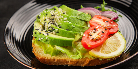 Avocado toast vegetable dish natural product tasty snack fresh delicious gourmet food background on the table rustic top view copy space keto and paleo diet vegan and vegan food