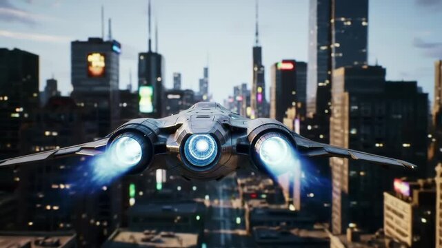Futuristic jet flies over a city at dusk, engines glowing blue, for sci-fi, games, or technology use