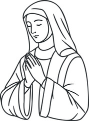 A line art illustration of a woman praying with her hands together in devotion.