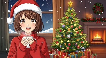 Cozy Christmas Eve Scene with a Young Woman in a Santa Hat Holding a Warm Drink by a Decorated Tree and Fireplace