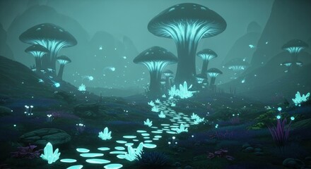 Fototapeta premium Mystical Glowing Mushroom Forest - A Surreal and Enchanting Landscape.