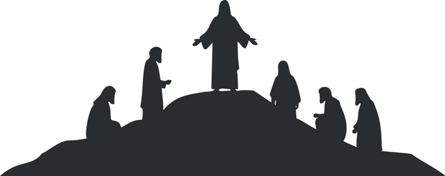 Silhouette of religious figures gathered on a mountain, symbolizing faith and spirituality.