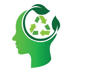 Green Human Head with Recycle Symbol – Eco Thinking and Environmental Sustainability Concept