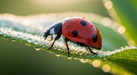 Ladybug on Dew-Kissed Leaf: Capturing the intricate beauty of nature, a vibrant ladybug, adorned with its iconic spots, delicately perches on a leaf glistening with morning dew.