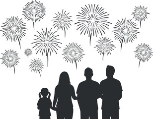 Silhouette of a family watching fireworks together during a festive celebration.