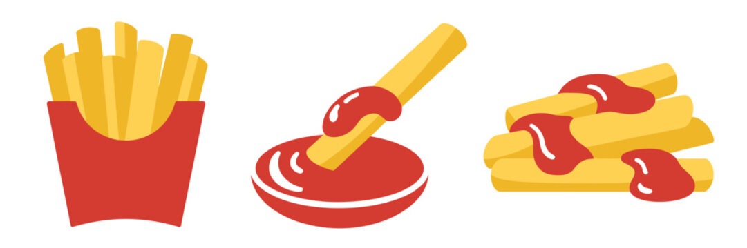 Crispy french fries set, dipping into ketchup swirl, sauced sticks pile, snack bar menu, street food vector