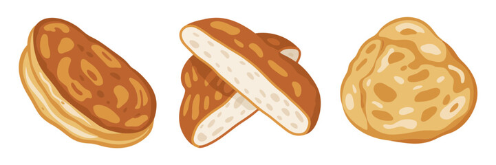 Flatbread variety set, rustic bakery icons, naan style rounds, stuffed paratha slice, golden crust, street food vector