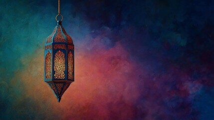 Ornate Ramadan lantern with intricate details hanging against a colorful smoky background perfect for festive Islamic celebrations