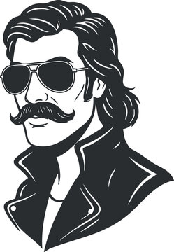 A stylish man with a mustache wearing sunglasses and a confident expression in a retro design.