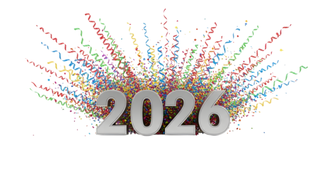 Silver 2026 numbers bursting with colorful confetti and streamers isolated on transparent background