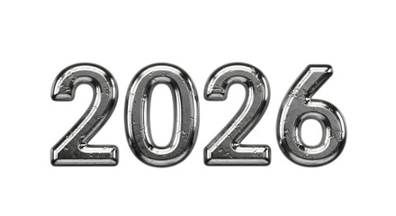 Shiny silver metallic balloons forming the year 2026 isolated on transparent background