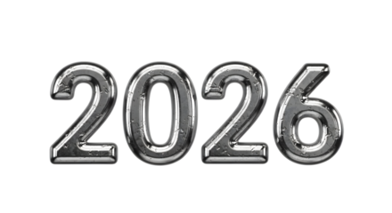 Shiny silver metallic balloons forming the year 2026 isolated on transparent background