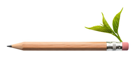 Wooden pencil with green sprout growing from eraser isolated on transparent background