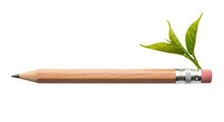Wooden pencil with green sprout growing from eraser isolated on transparent background