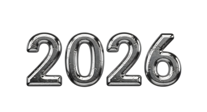 Shiny silver metallic balloons forming the year 2026 isolated on transparent background