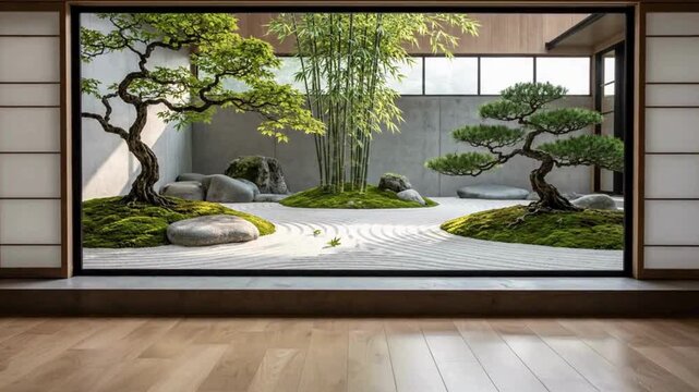Serene japanese zen garden with bonsai trees bamboo and raked sand offering tranquility and natural beauty