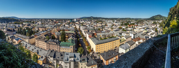 Fototapeta premium A panoramic view of Salzburg from the Kapuzinerberg at the end of the Klettersteig. 