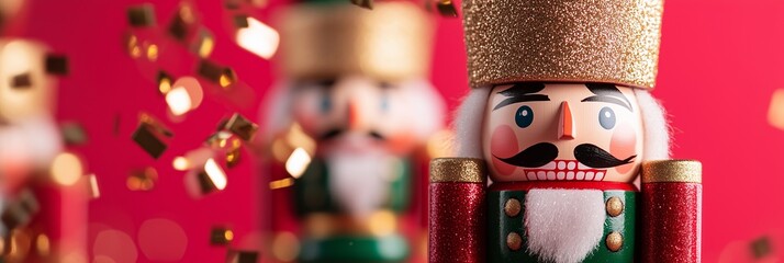Traditional Christmas Nutcrackers with Metallic Confetti on Bright Red Background