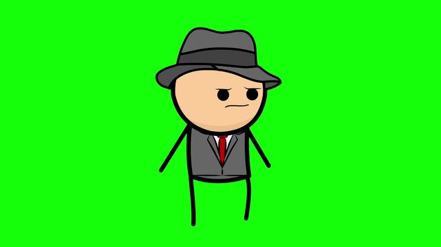A simple 2D stick-figure style businessman or mobster in a fedora hat and suit jacket speaking directly to the viewer, isolated on a solid green chroma key background. Ideal for web comic voiceovers, 