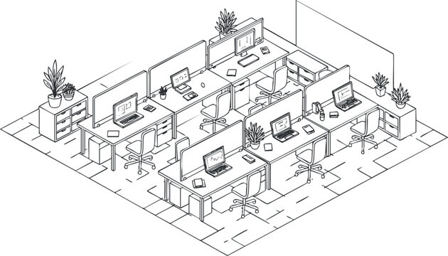 A detailed illustration of a modern office workspace featuring cubicles and desks with computers.