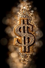 Pimped dollar sign in gold with diffuse gold and bokeh in the background.