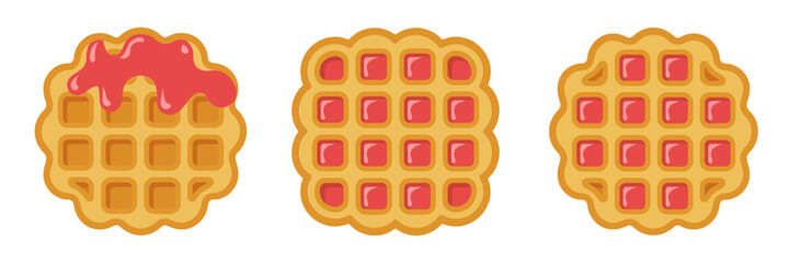 Round waffle collection, golden crisp edges, fruit jam center, warm brunch treats, comfort dessert illustration, cozy kitchen vector
