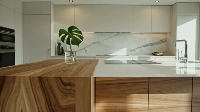 Modern kitchen design featuring sleek white cabinetry integrated ovens marble backsplash and a natural wood island with a monstera plant accent