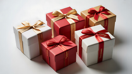 Obraz premium Group of colorful gift boxes with ribbons isolated on white background