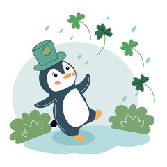Happy penguin in green hat surrounded by clovers