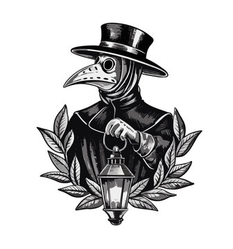 A black and white illustration of a plague doctor in a
traditional medieval medical mask with a long beak and curved nose piece