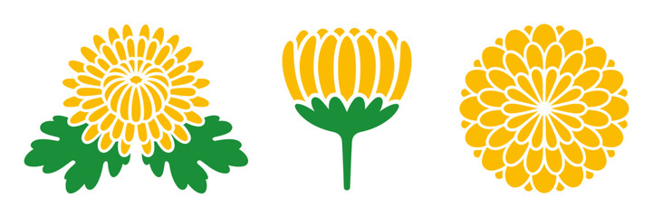 Golden chrysanthemum collection, sunburst petals, marigold style, seasonal festival flowers, decorative motif set, vector illustration, printable clipart