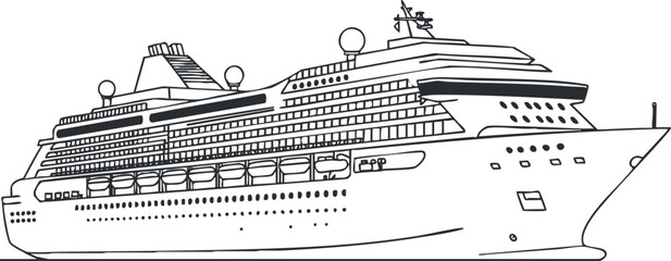 Illustration of a large cruise ship on the ocean showcasing its design and features.