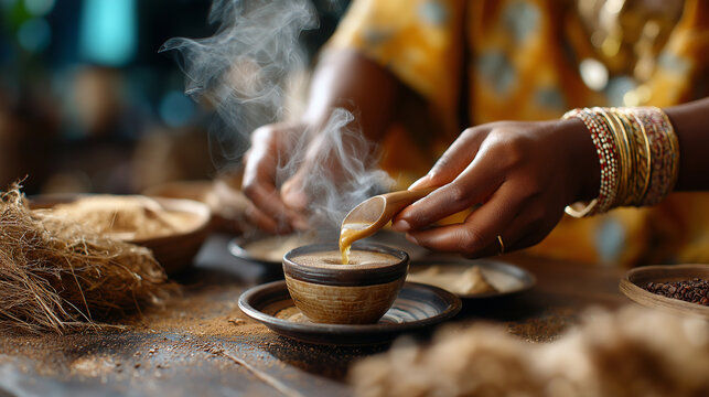 Woman pouring coffee in a traditional Ethiopian ceremony, incense smoke curling, Africa, coffee ceremony, tradition, culture, hospitality, aroma, ritual, with copy space