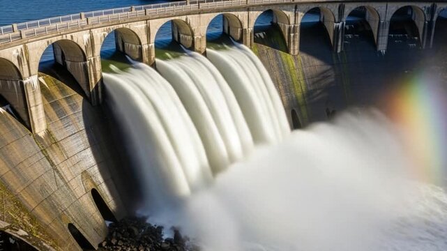 Powerful dam releasing rushing water with rainbow effect, showing hydroelectric power in action, perfect for energy, sustainability, and infrastructure projects, illustrating power of nature