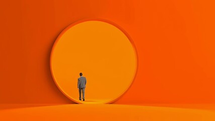 A man walks through a large orange circle. The man is wearing a suit and he is in a hurry. The orange color of the circle creates a sense of warmth and energy, while the man's suit suggests formality